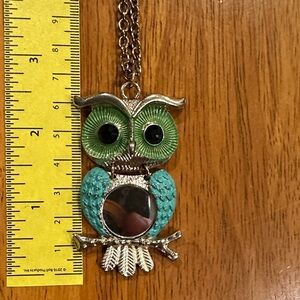 Gold and Green Owl Pendant Necklace. I See You Mirror on Owl Body.